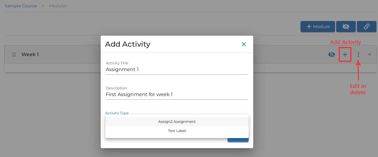 Screenshot showing the Add activity interface in Moodle