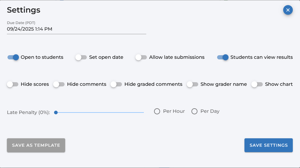 Assessment settings modal