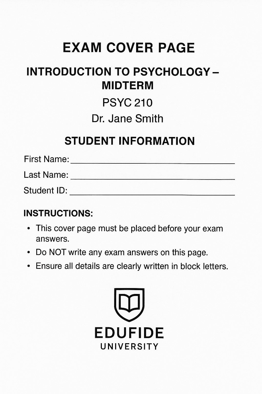 Example of a cover page with student details