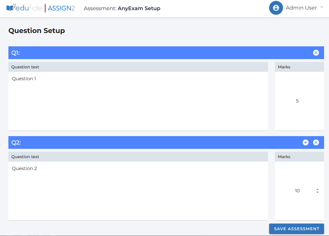 Screenshot of the AnyExam 'Question Setup' interface, showing fields for question text and marks.