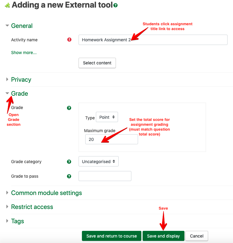 Screenshot showing the External Tool option for assignment submission type